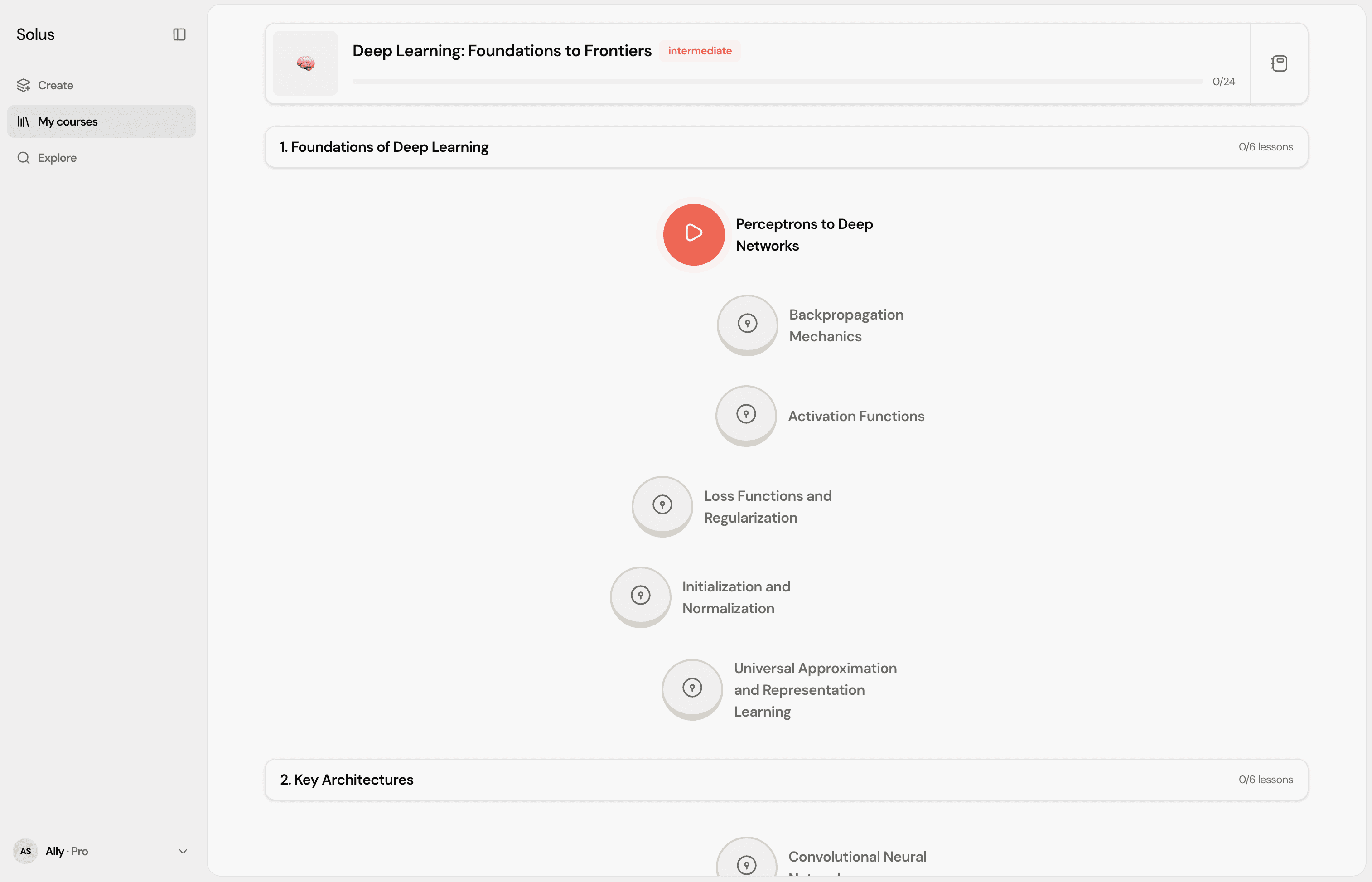 Solus course dashboard showing a course path with lessons and progress
